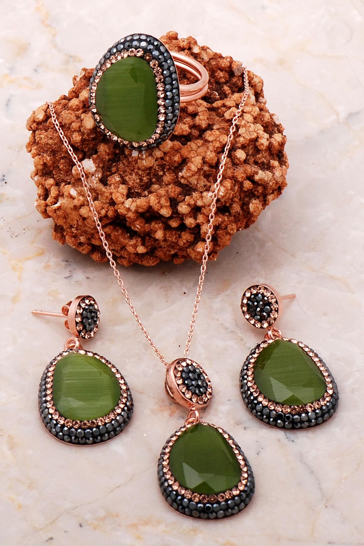 Rose Gümüş Yeşil Opal Set 2191