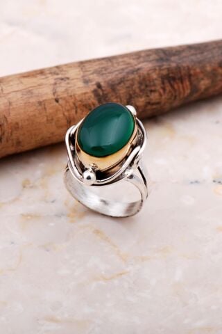 Elişi Yeşil Akik Taşlı Gümüş Yüzük 3722