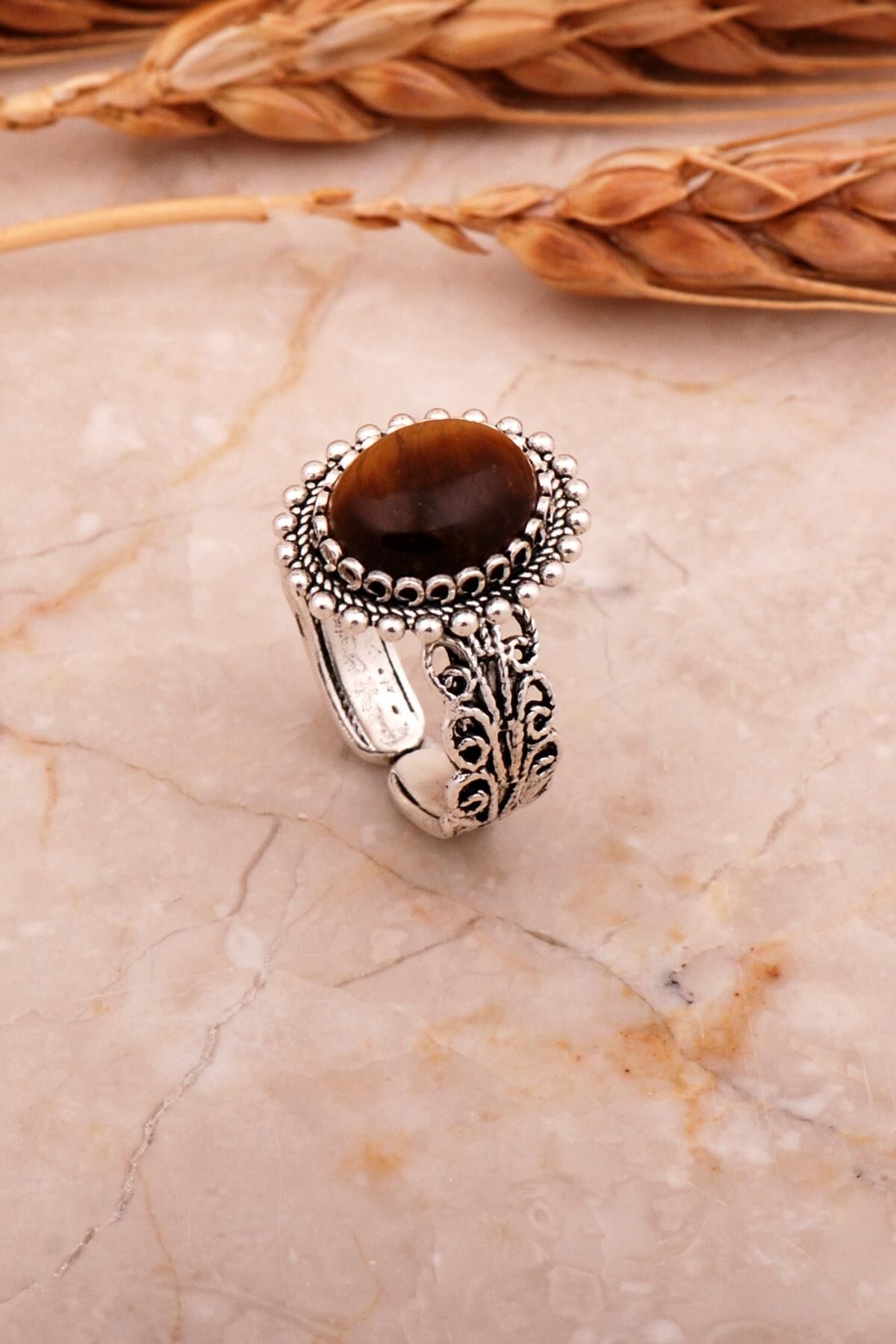 Kaplan Gözü Taşlı Telkari Elişi Oval Gümüş Yüzük 3757