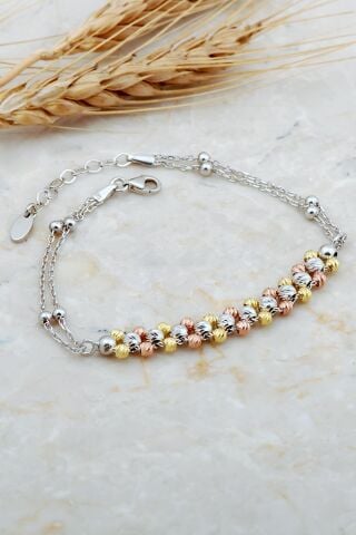 Dorika Sıra Toplu Renkli Rodyumlu 925 Ayar Gümüş Bileklik 4690