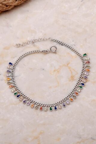 Gurmet Mix Taşlı Rodyumlu Damla Gümüş Bileklik 3991