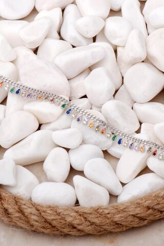 Gurmet Mix Taşlı Rodyumlu Damla Gümüş Bileklik 3991