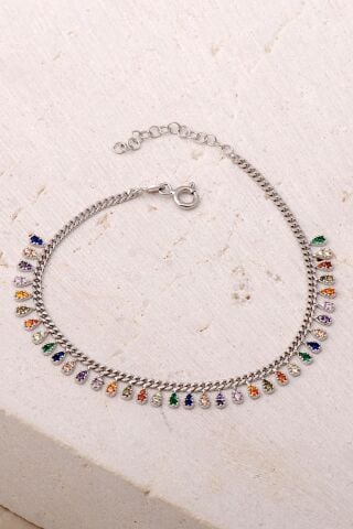 Gurmet Mix Taşlı Rodyumlu Damla Gümüş Bileklik 3991