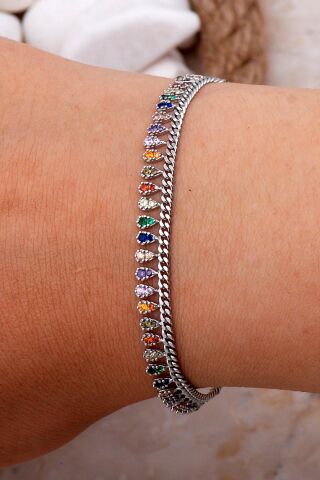 Gurmet Mix Taşlı Rodyumlu Damla Gümüş Bileklik 3991