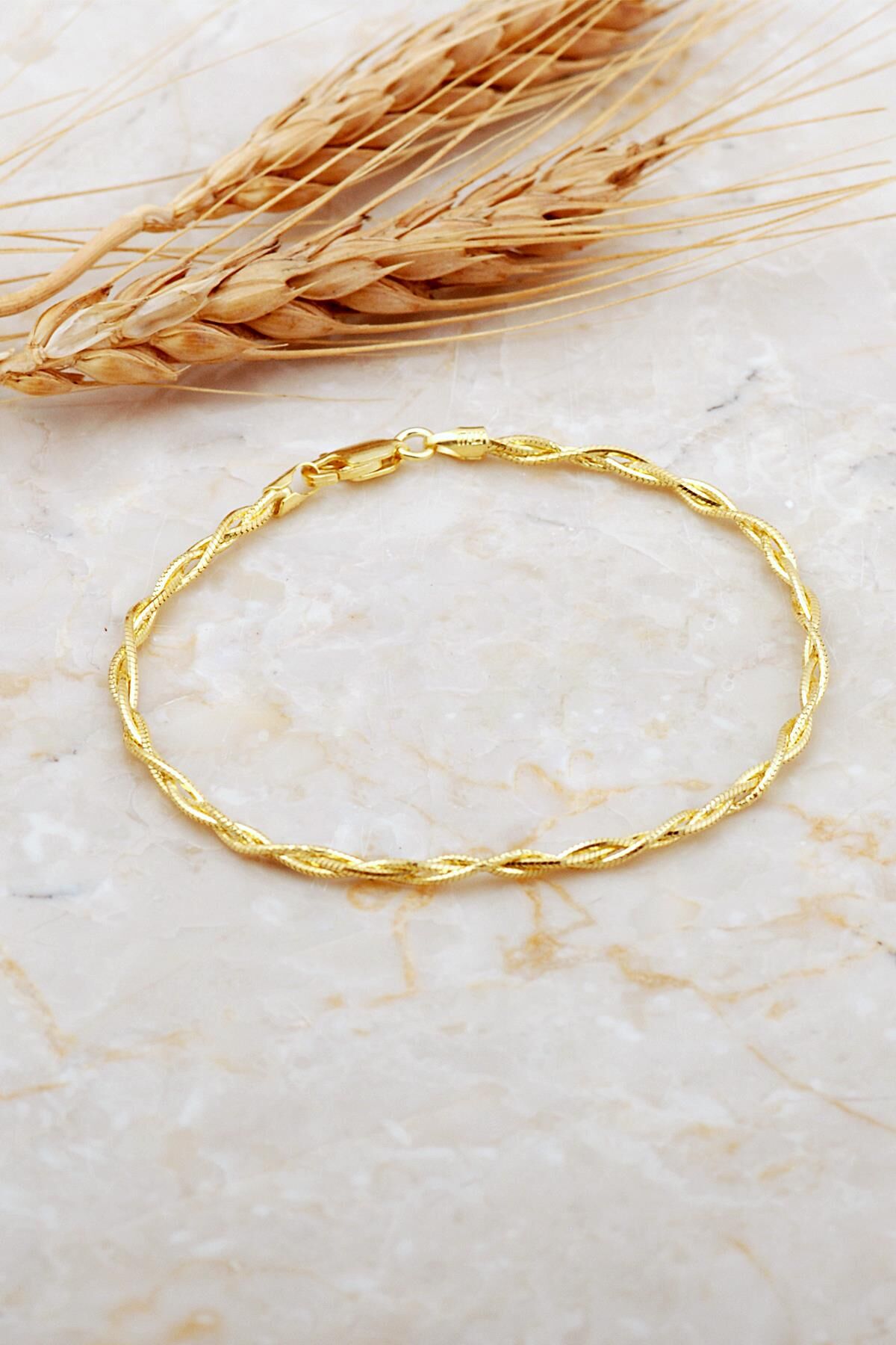 İtalyan Örgü Zincir 18 Cm Altın Kaplama Gümüş Bileklik 4691