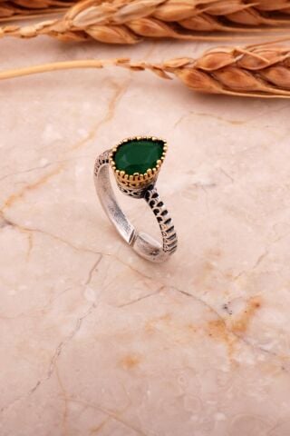 Zümrüt Taşlı Elişi Damla Tasarım Gümüş Yüzük 3759