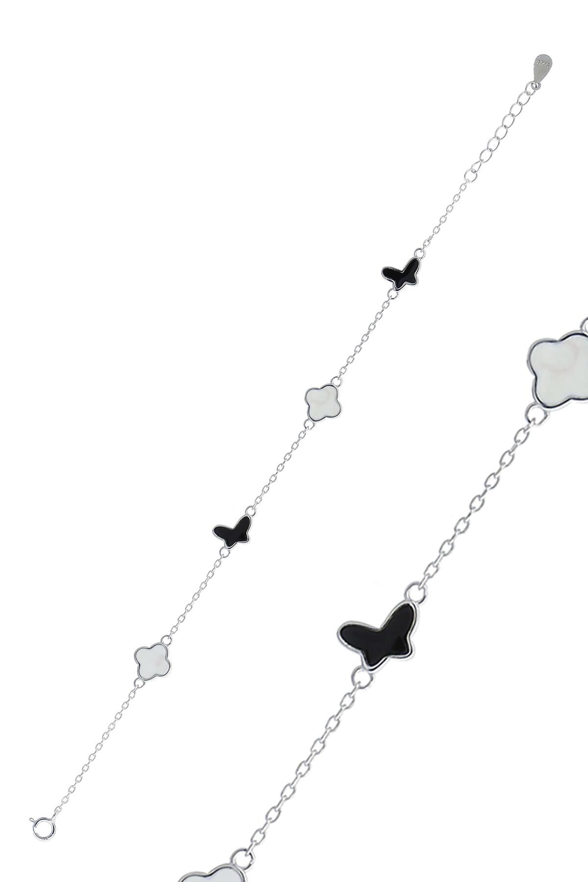 Yoncalı Kelebekli Mineli Rodyumlu Gümüş Bileklik 3785