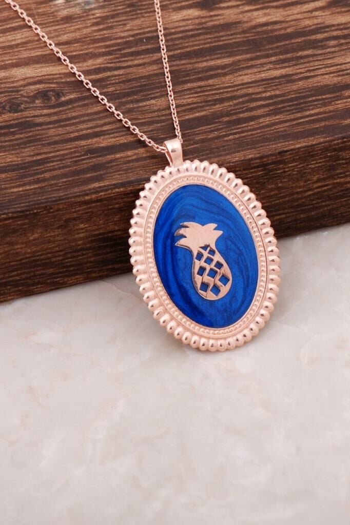 Ananas Mineli Plaka Rose Gümüş Kolye 2611