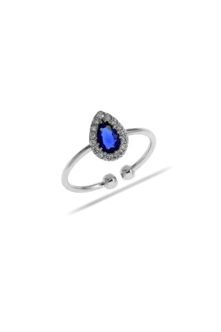 Safir Taşlı Damla Mini Rodyumlu Gümüş Yüzük 3185