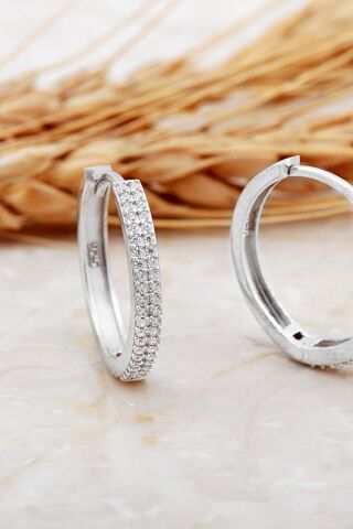 20 Mm Rodyumlu Taşlı Büyük Boy Gümüş Halka Küpe 7118