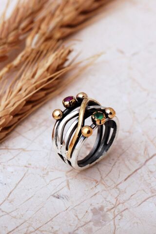 Taşlı Tasarım Elişi 925 Ayar Gümüş Yüzük 6001 16 - Renkli