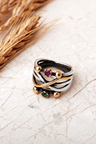 Taşlı Tasarım Elişi 925 Ayar Gümüş Yüzük 6001 16 - Renkli