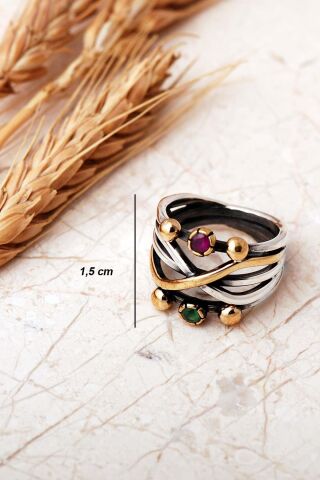 Taşlı Tasarım Elişi 925 Ayar Gümüş Yüzük 6001 16 - Renkli