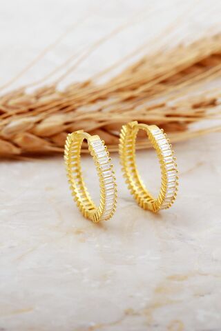 22 Mm Baget Taşlı Büyük Boy Altın Kaplama Gümüş Halka Küpe 7121