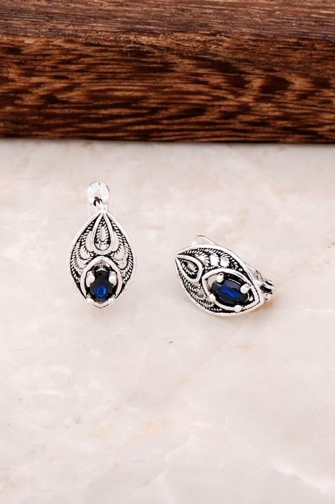Telkari İşlemeli Safir Taşlı Gümüş Küpe 4390