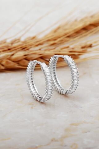 22 Mm Baget Taşlı Büyük Boy Rodyumlu Gümüş Halka Küpe 7124