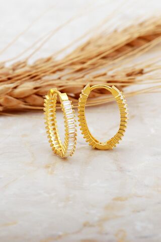 Baget Taşlı Büyük Boy Altın Kaplama Gümüş Oval Halka Küpe 7127