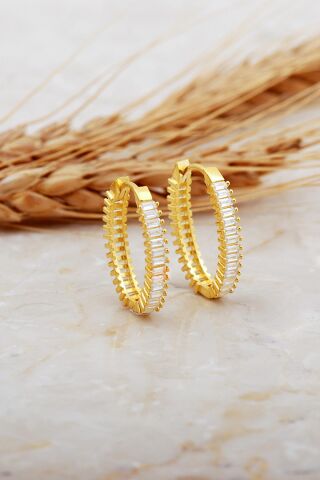 Baget Taşlı Büyük Boy Altın Kaplama Gümüş Oval Halka Küpe 7127