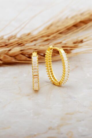 Baget Taşlı Büyük Boy Altın Kaplama Gümüş Oval Halka Küpe 7127