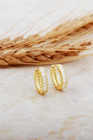 Baget Taşlı Küçük Boy Altın Kaplama Gümüş Oval Halka Küpe 7129