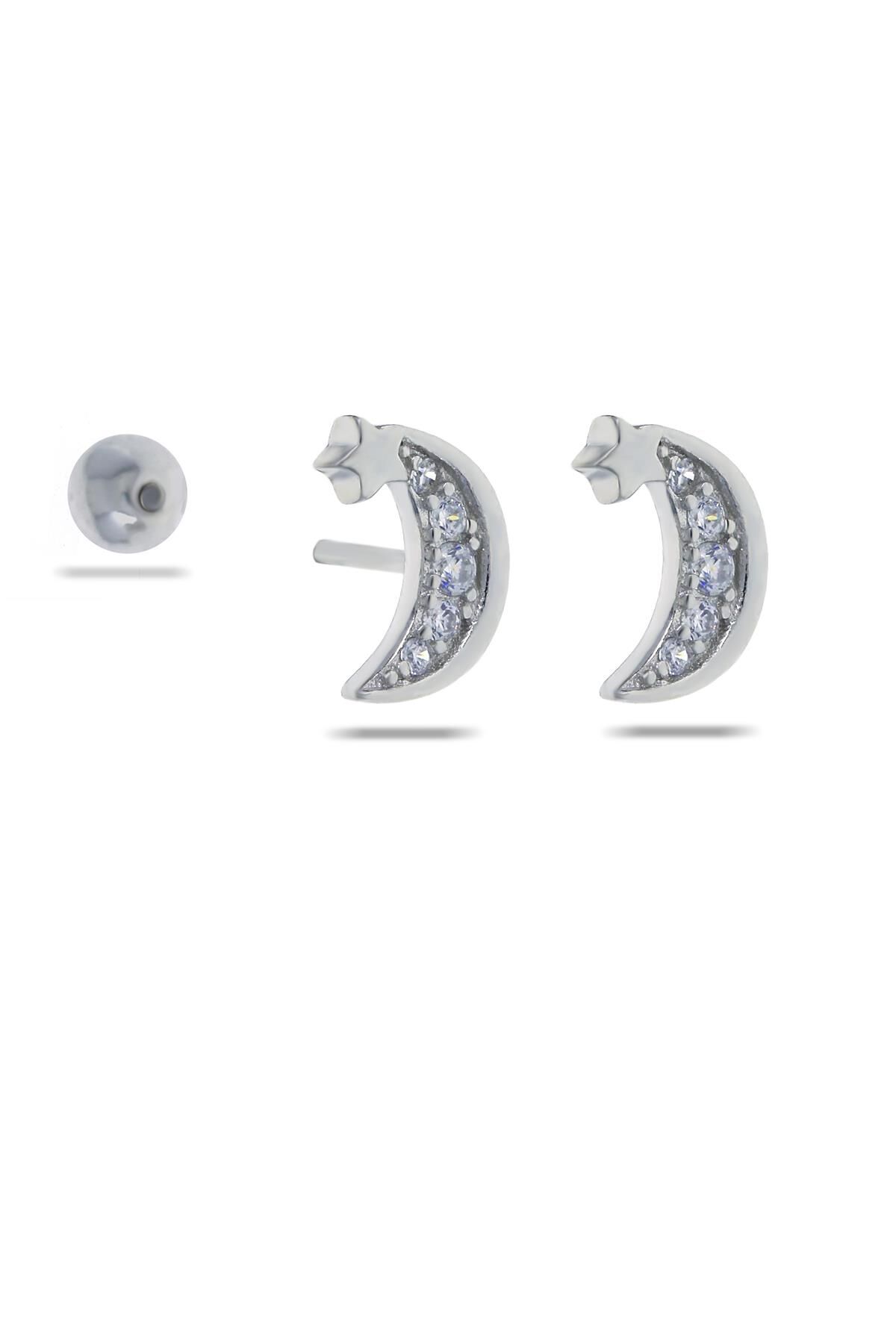 Ay Yıldız Rodyumlu Tragus Gümüş Küpe 5521
