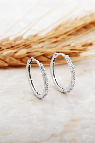 22 Mm Taşlı Rodyumlu Gümüş Halka Küpe 7133