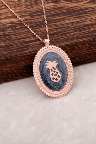 Ananas Mineli Plaka Rose Gümüş Kolye 2627