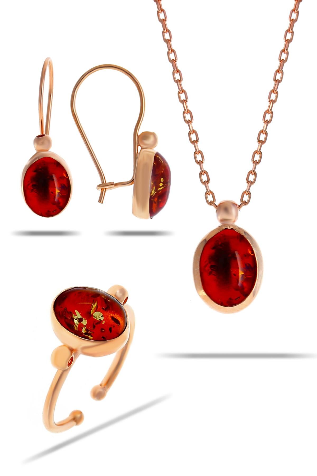 Kehribar Taşlı Rose Gümüş Set 2312