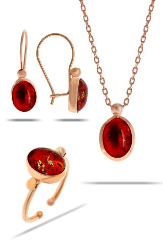 Kehribar Taşlı Rose Gümüş Set 2312