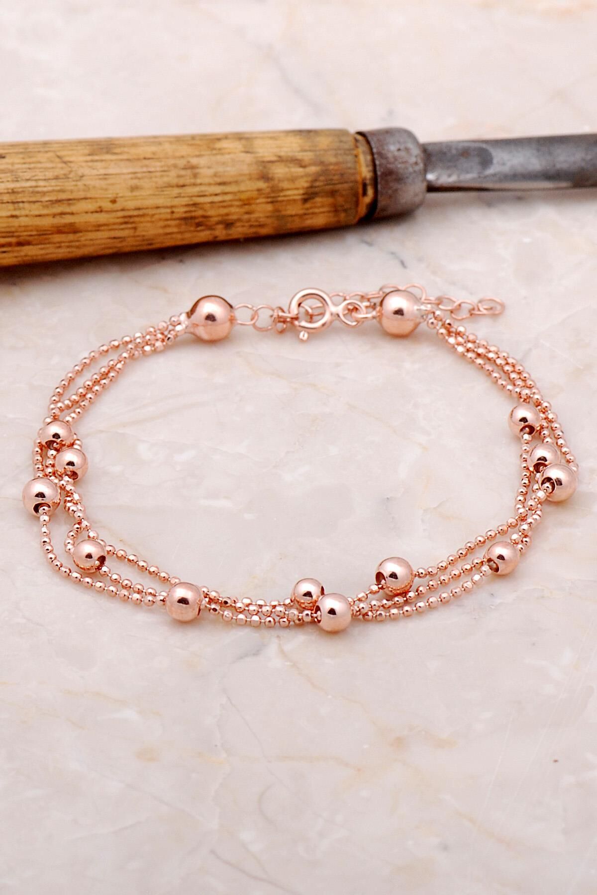 Dorika Üç Sıra Rose 925 Ayar Gümüş Bileklik 3381