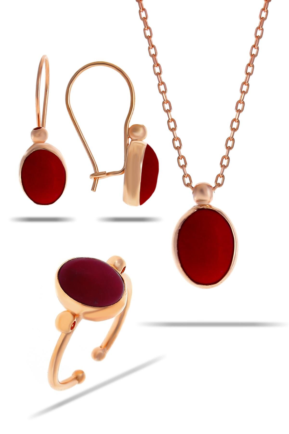 Mercan Taşlı Rose Gümüş Set 2314