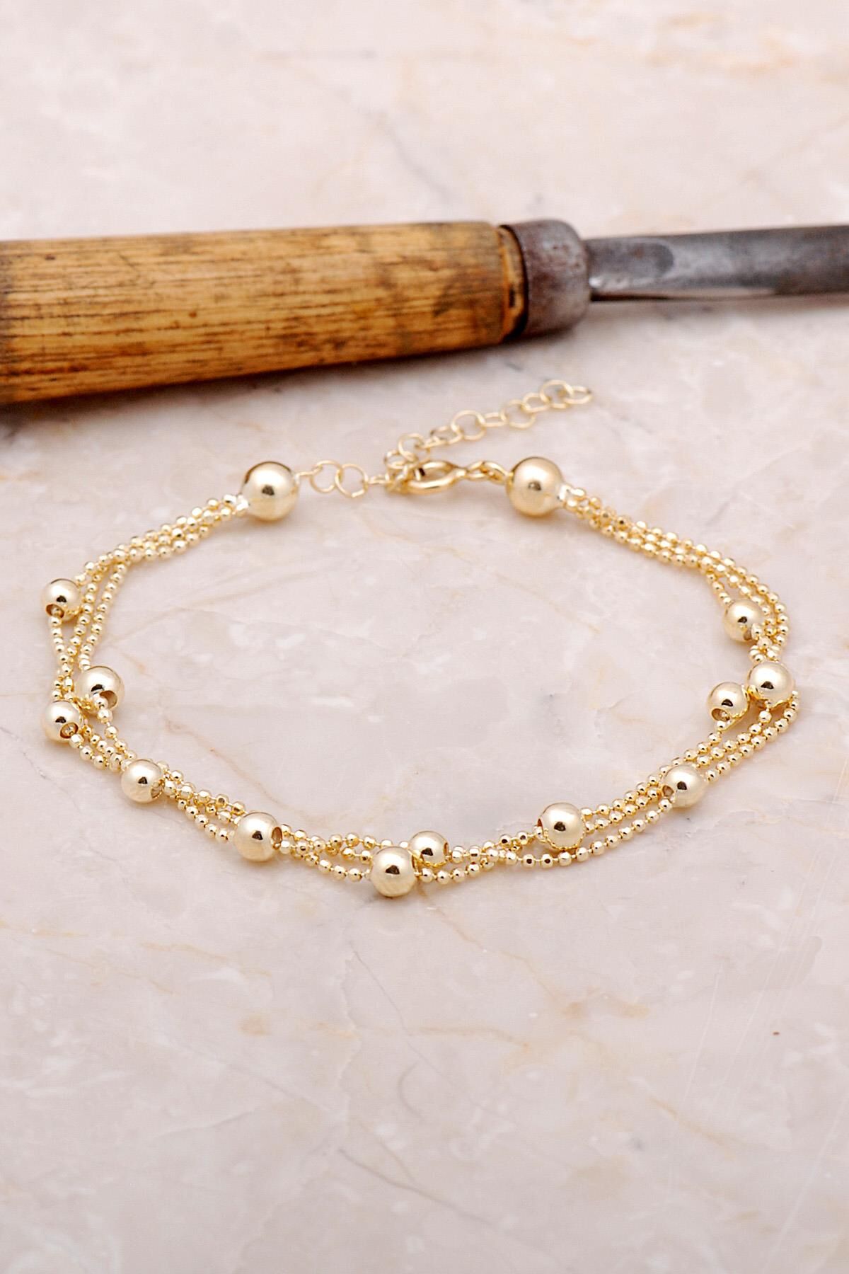 Dorissa Altın Yaldızlı Üç Sıra Gümüş Bileklik 3382