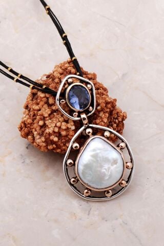 İnci Taşlı Elişi Tasarım Gümüş Madalyon Kolye 7122