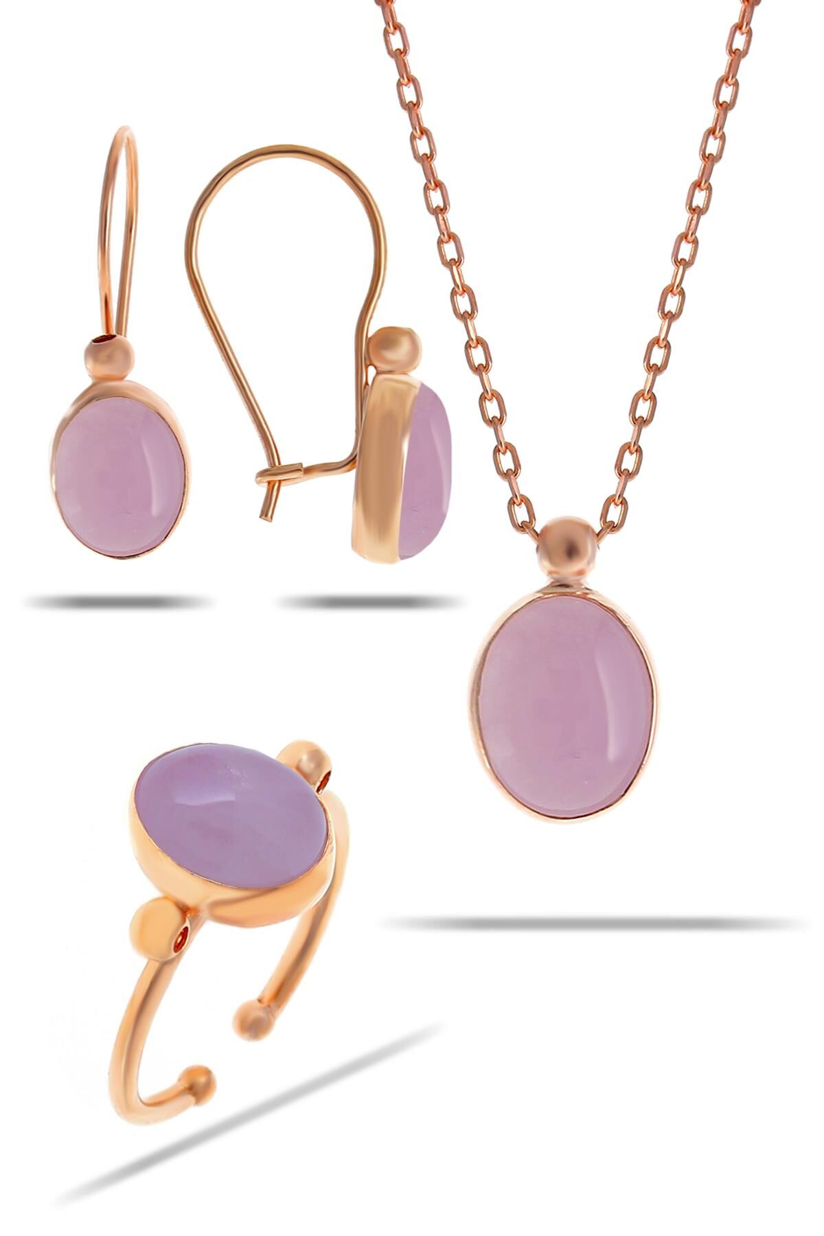 Pembe Kuvars Taşlı Rose Gümüş Set 2313