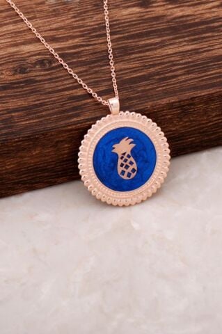 Ananas Mineli Plaka Rose Gümüş Kolye 2633
