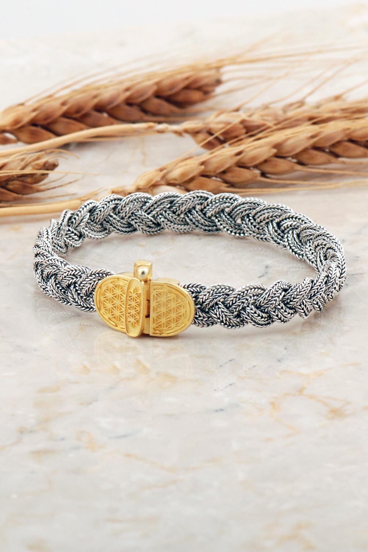 Midyat Hasırı Altın Kaplama Yaşam Çiçeği Gümüş Örgü Bileklik 4695