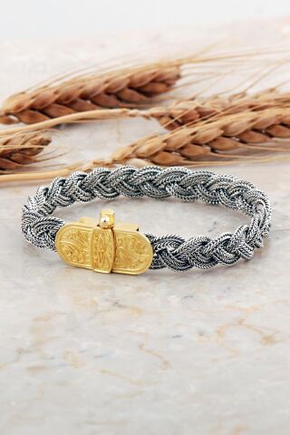 Midyat Hasırı Altın Kaplama Lale Motifli Örgü Gümüş Bileklik 4696