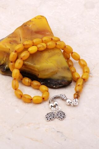 Sıkma Kehribar Usta İşi Kapsül Kesim Gümüş Püsküllü Tesbih 338