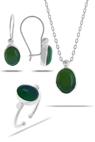 Yeşim Taşlı Rodyumlu Gümüş Set 2319