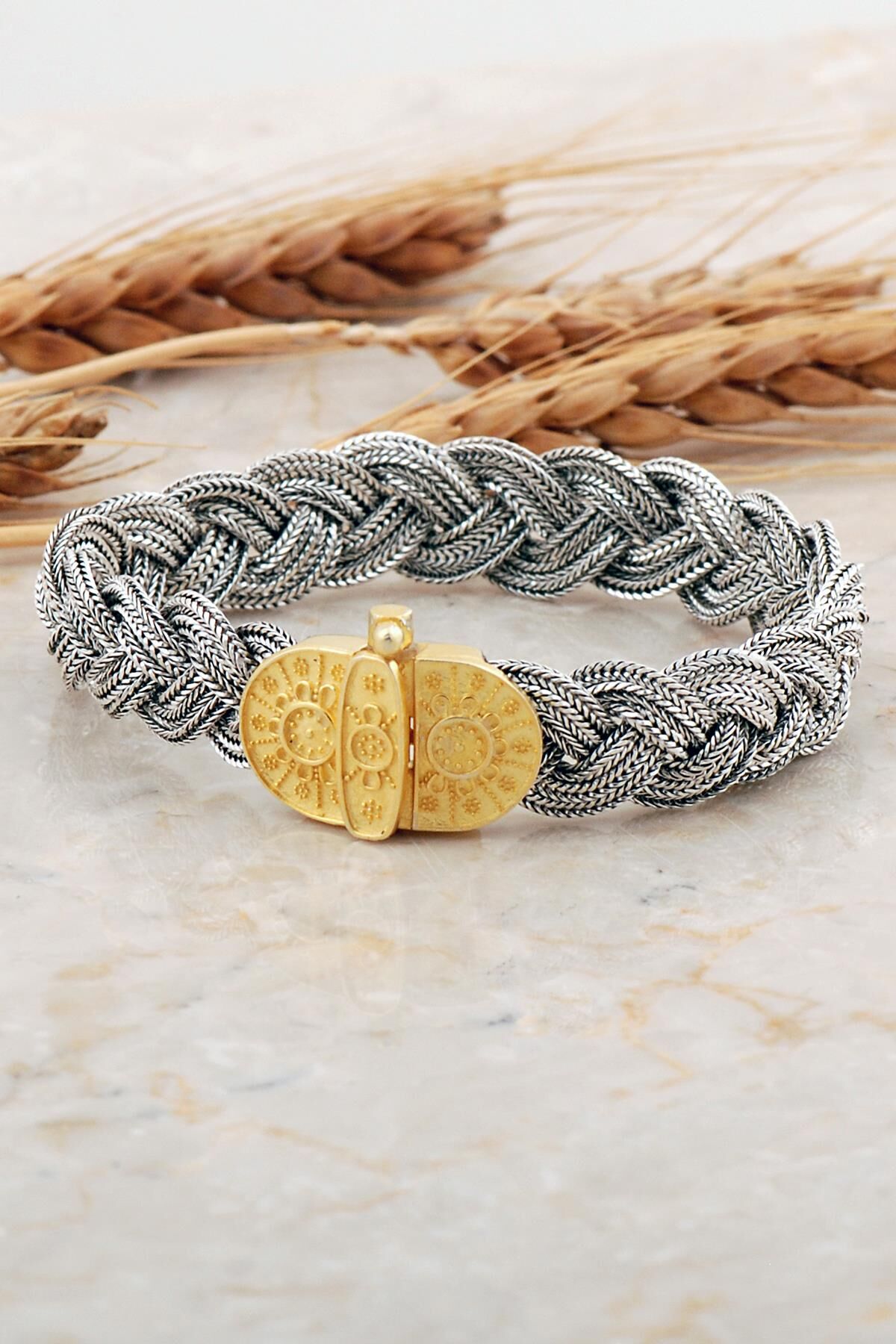 Midyat Hasırı Altın Kaplama Mezopotamya Güneşi Örgü Gümüş Bileklik 4697