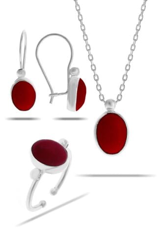 Mercan Taşlı Rodyumlu Gümüş Set 2321