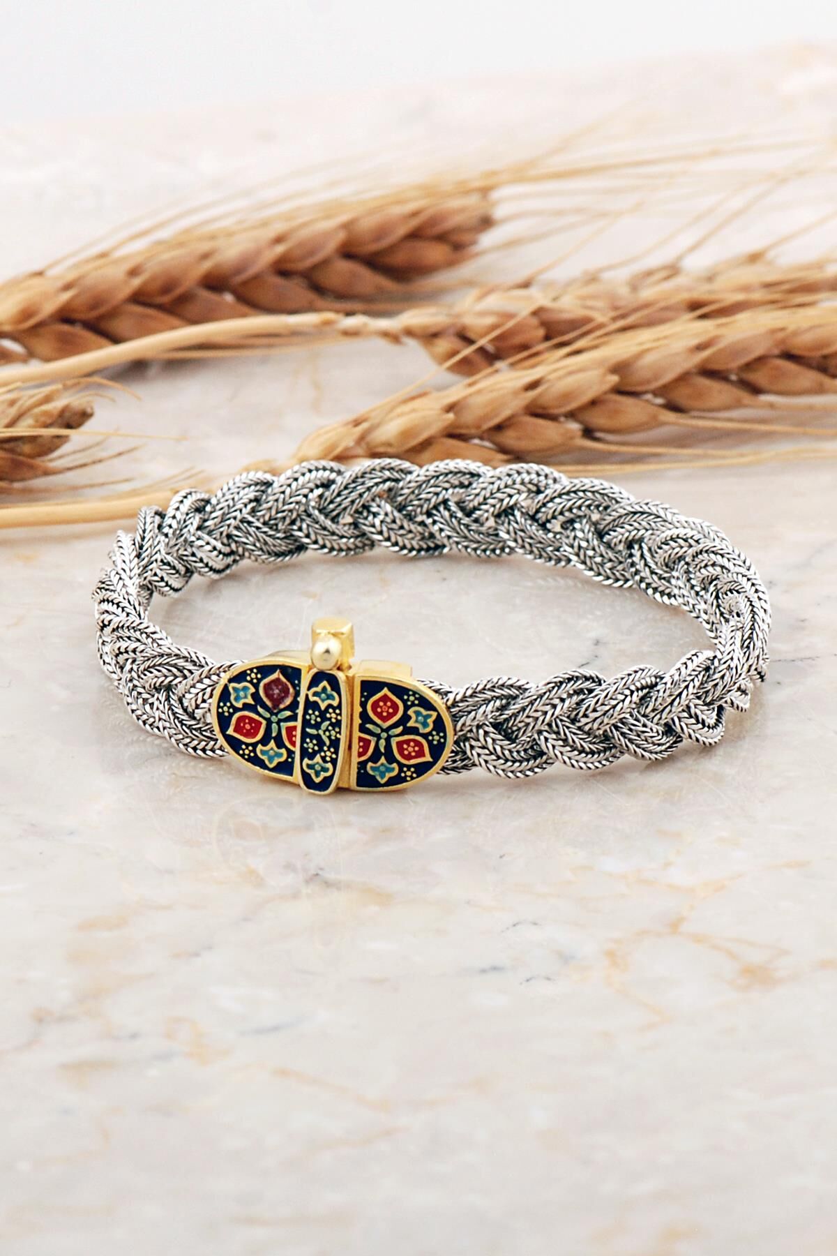 Midyat Hasırı Altın Kaplama Anadolu Motifli Örgü Gümüş Bileklik 4698