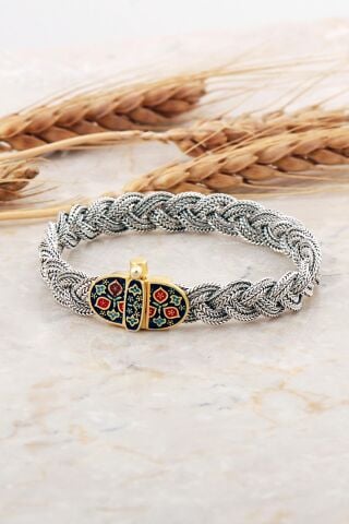 Midyat Hasırı Altın Kaplama Anadolu Motifli Örgü Gümüş Bileklik 4698