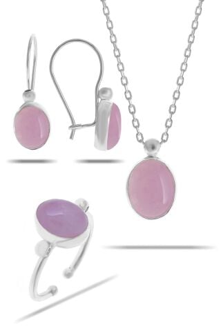 Pembe Kuvars Taşlı Rodyumlu Gümüş Set 2322