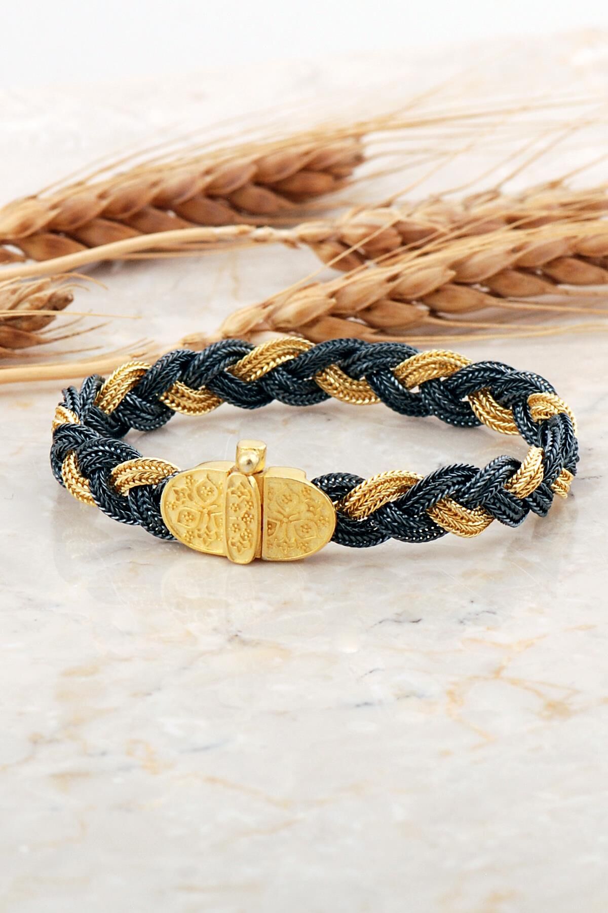 Midyat Hasırı Altın Kaplama Anadolu Motifli Örgü Gümüş Bileklik 4700