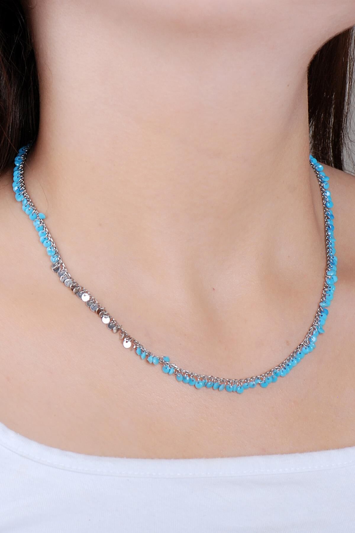 Pullu Turkuaz Taşlı Rodyumlu Gümüş Kolye 7717