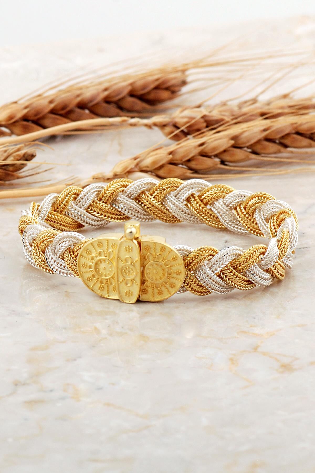 Midyat Hasırı Altın Kapalama Mezopotamya Güneşi Örgü Gümüş Bileklik 4702