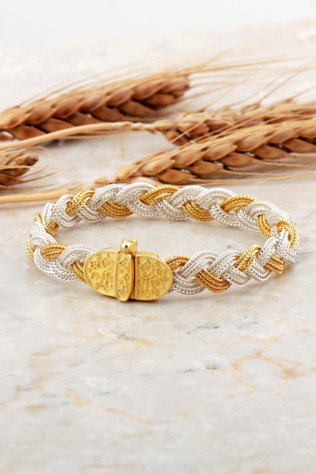 Midyat Hasırı Altın Kaplama Anadolu Motifli Örgü Gümüş Bileklik 4704