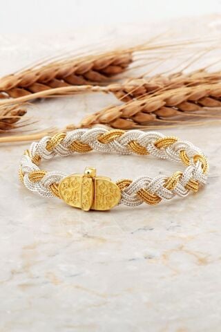 Midyat Hasırı Altın Kaplama Anadolu Motifli Örgü Gümüş Bileklik 4704