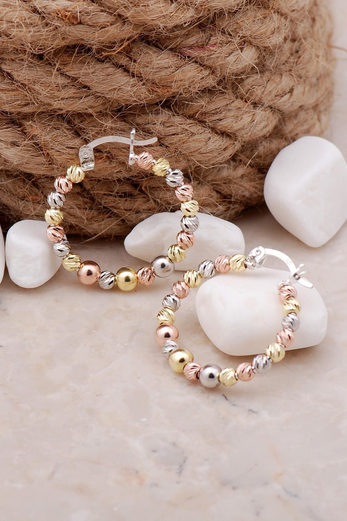 Dorika Toplu Altın Yaldızlı Rose 925 Ayar Gümüş Halka Küpe 5171